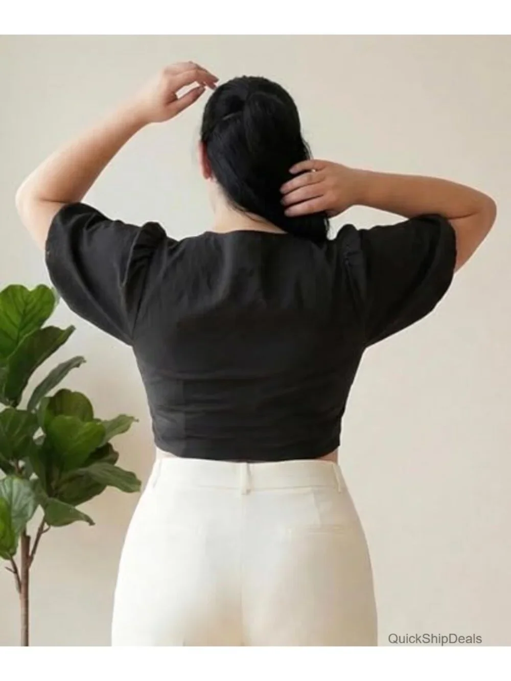 Plus Size Tie Front Crop Top Deep V Neck Puff Sleeve Lyocell Nylon Blouse